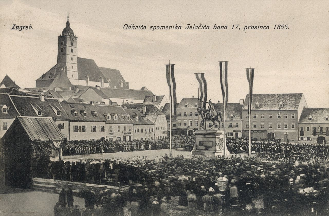 Trg bana jelačića (tada Harmica) 17. prosinac 1866. godine, otkrivanje spomenika, razglednica